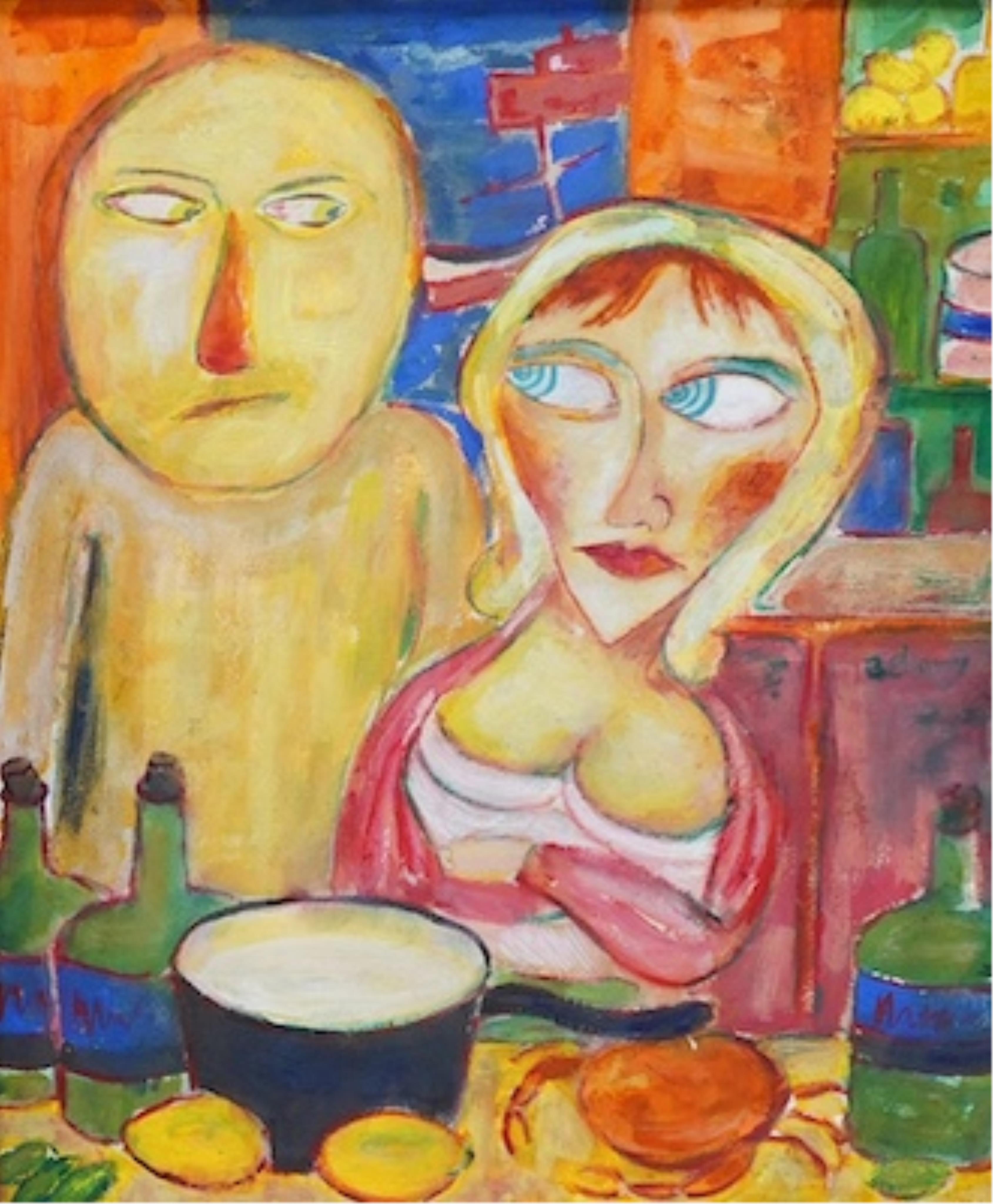 After John Bellany (1942-2013), mixed media, two figures at a table, 58 x 48. Condition - fair to good